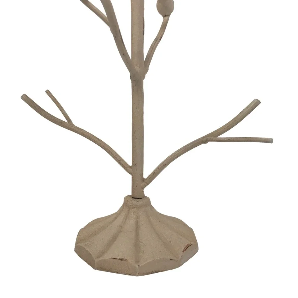 Vintage Metal Bird Jewelry Tree Stand Distressed Cream Farmhouse Decor 12.5in